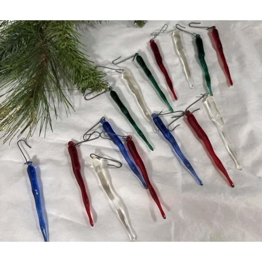 Vintage Acrylic Icicle Ornaments Lot of 24 Mixed Colors Clear Red Blue Green